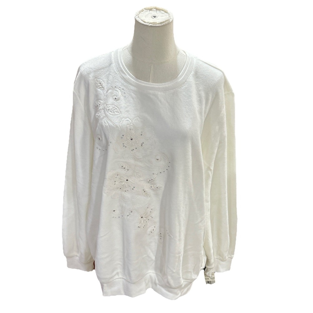 Alfred Dunner Sweater Pullover Size XL Women’s White Floral Sparkle